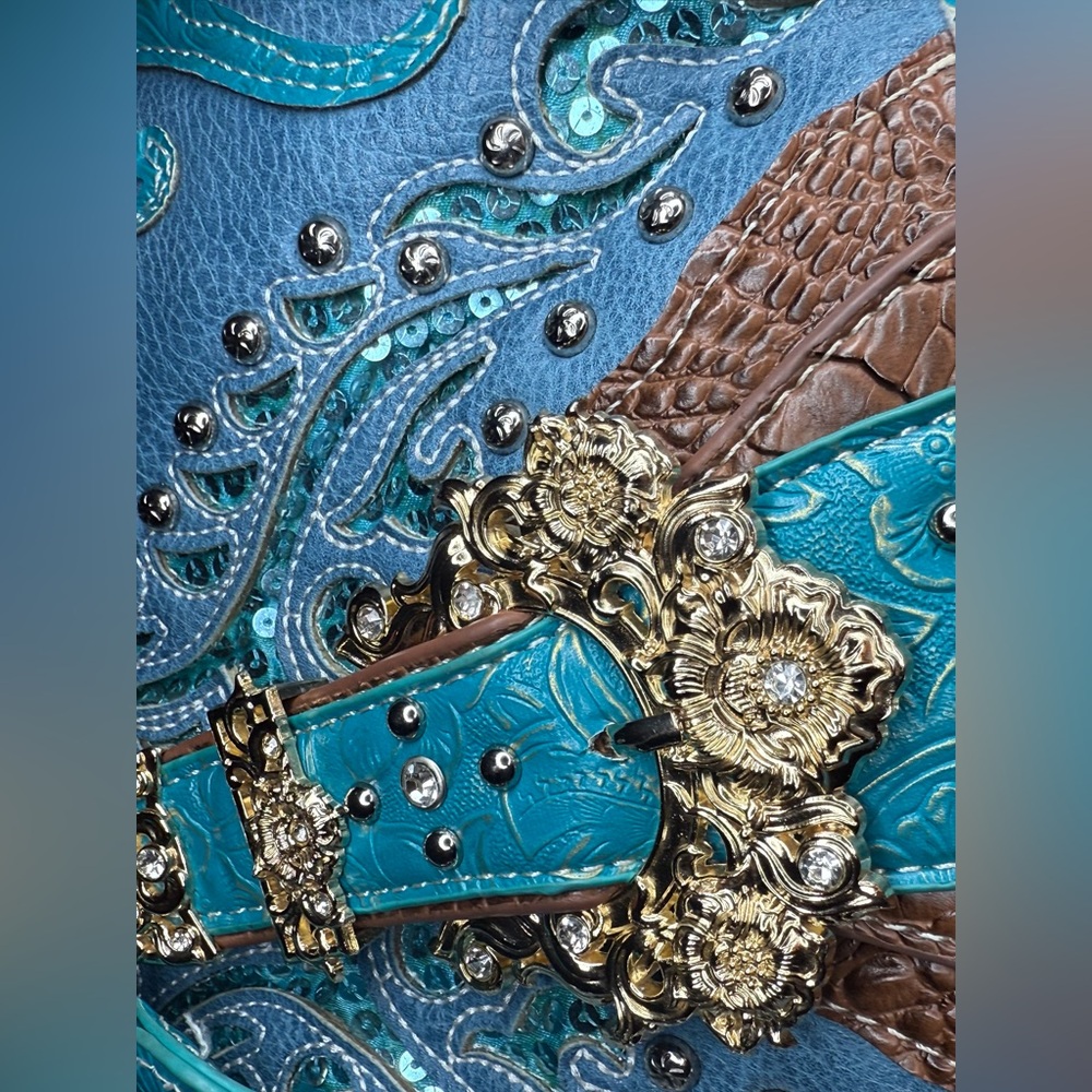 โจ๐ COWGIRL TRENDS Gold Silver Blue Buckle Studded & Jeweled Shoulder Purse Bag - Picture 16 of 17